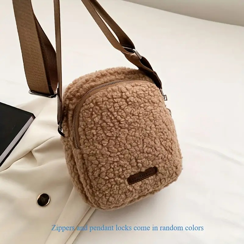[ Wool Plush Animal Bag] Wool Plush Crossbody Bag With Zipper Closure, Solid Color, Lined, Animal Theme, Edge Paint Detail- For Women