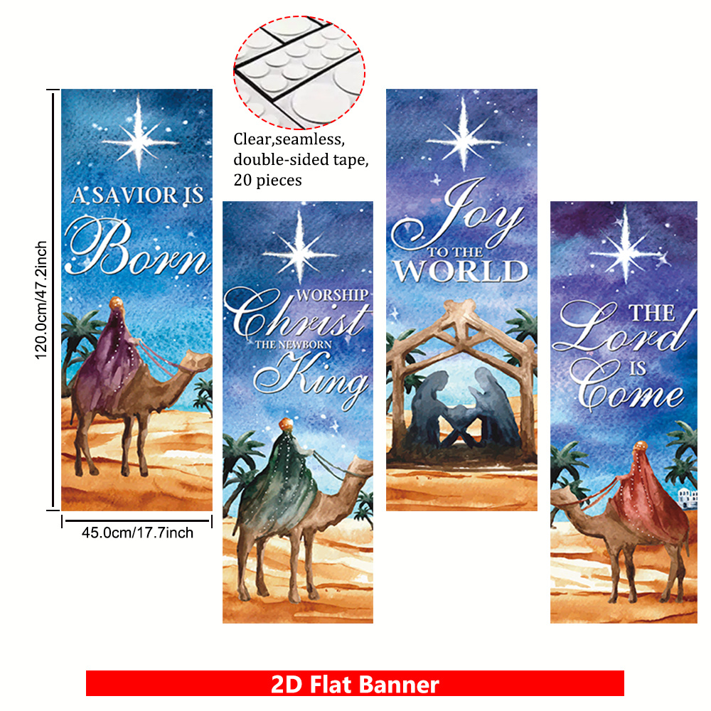 TEMU 2d Flat, 2d Flat - 2d Flat, 2d Flat - 4 Polyester Party Banners Showcasing Watercolor-style Images, Including " On A Camel" And "the Holy Mother