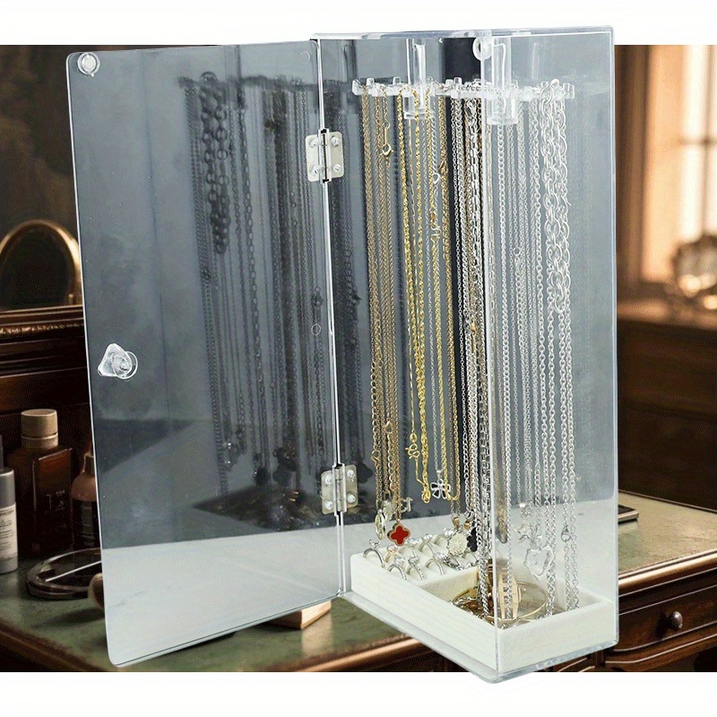 compact size sleek black acrylic jewelry organizer multi compartment necklace and bracelet storage rack with lockable closure fabric lined interior   dresser display jewelry organizer storage jewelry boxes Product details 1