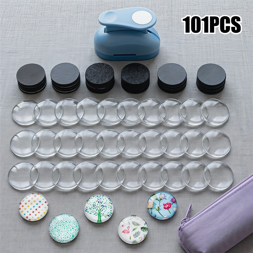 TEMU 101pcs Fridge Glass Sticker Craft Set, Includes Craft 1-inch Paper Punch Round Disc With Transparent Glass Cabochons For Refrigerator Sticker