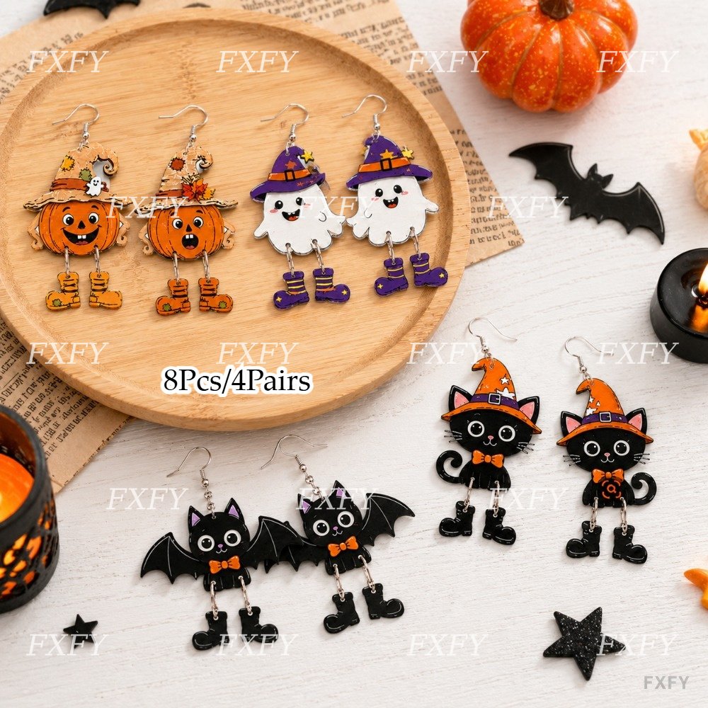 TEMU 8pcs/4 Pairs Transparent Acrylic Earring Set, Featuring Halloween Bat,, Black Cat, And Pumpkin Designs, Fun-themed Jewelry, Women's Costume