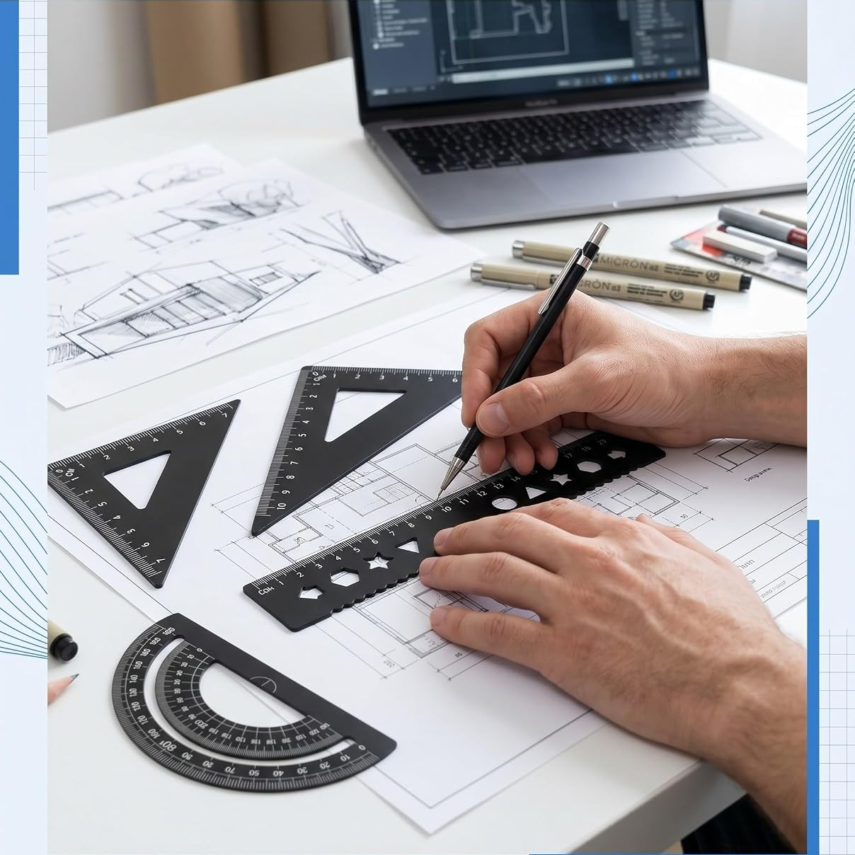 TEMU 5pcs Heavy-duty Metal Geometric Ruler Set (20cm) - Aluminum Alloy Material, Includes Precision Triangles, Protractor And Storage Box, Suitable