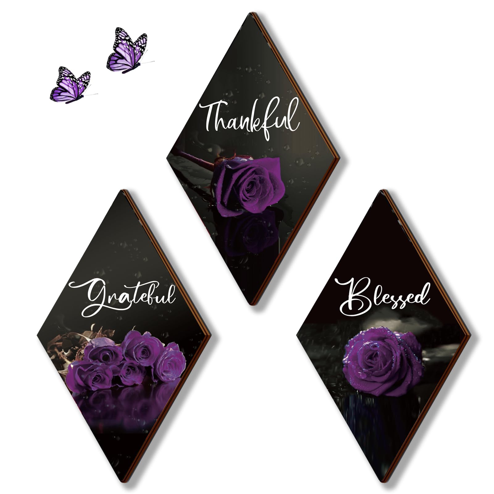 TEMU 3pcs Purple Bathroom And Kitchen Decor - Rose Wooden Wall Signs With Thankful Grateful Blessed - Black Wall Decor For Room (12 X 7 Inch)