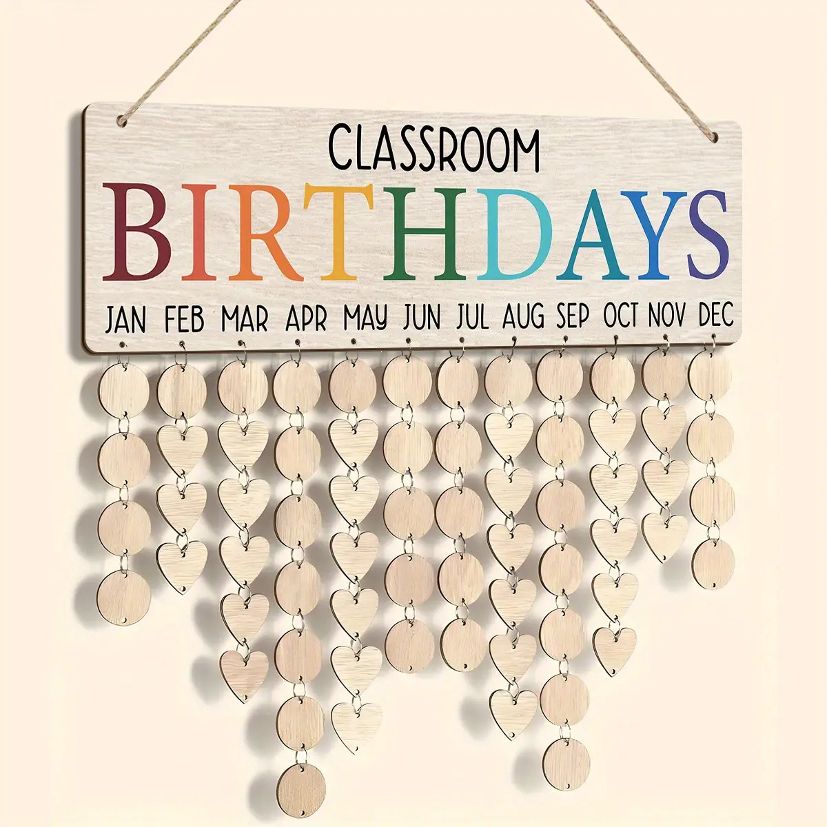 item picture 2d flat 1 set of wooden birthday reminder calendar board wall mounted classroom and home decor with heart shaped and circular month tracking tags   birthday countdown chart suitable for teachers parents party gifts and school