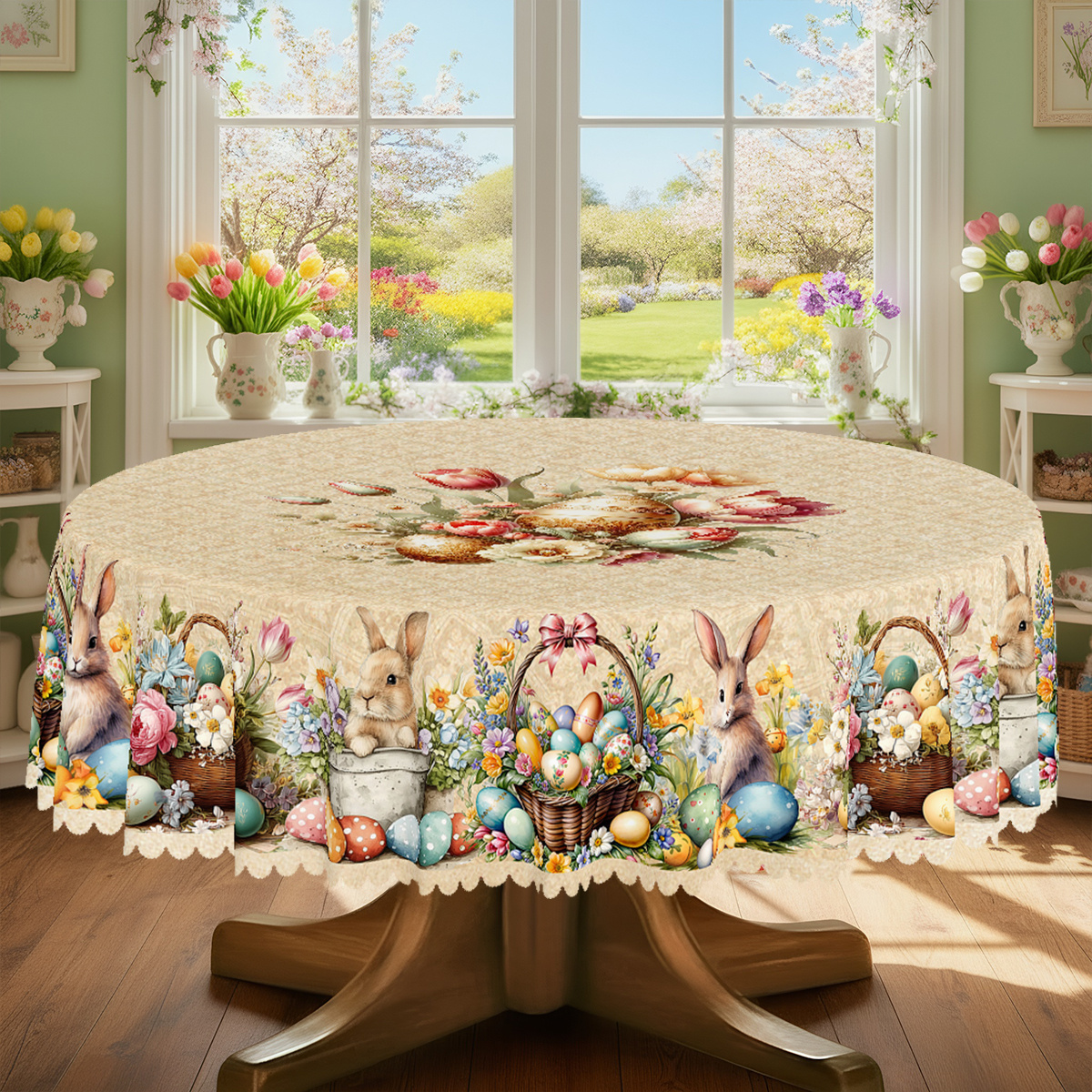 TEMU 1pc Easter-themed Party Tablecloth | Retro Rabbit Egg Print Design, Polyester, Embossed Border, Suitable For Indoor And Outdoor Dining, Picnic, Dinner Party, And Restaurant Decor
