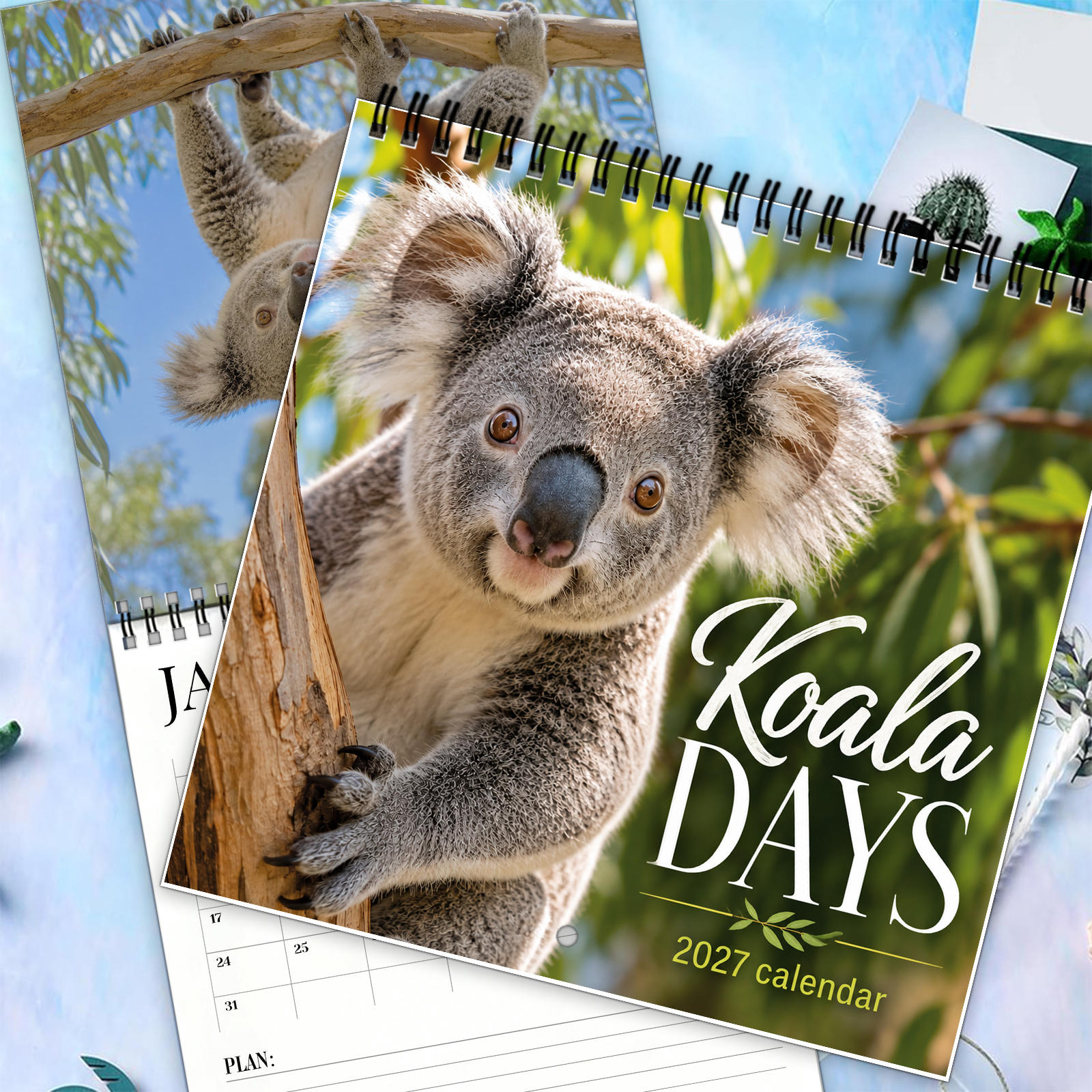 TEMU 1pc 2027 Koala Days Calendar, Cute Australian Wildlife Photography With Baby On Eucalyptus Trees Sleeping Stretching Pictures, Twin Wire Hanging