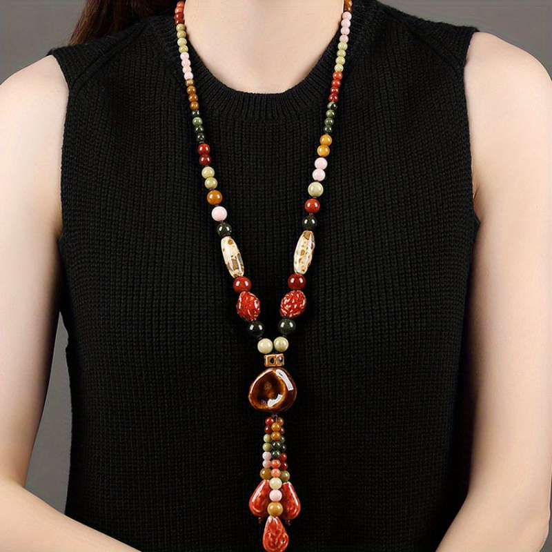 TEMU Collar ZHIXUN de cuentas de cerámica bohemias - Colgante largo adecuado para uso en y festivales, cuentas coloridas, accesorio retro para suéter