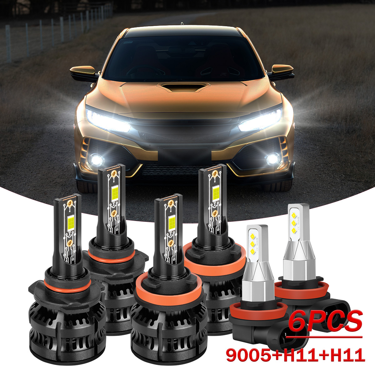 6pcs For (2016-2022, 2014-2015 Coupe), 9005 High Beam + H11 Low Beam Led Headlight Bulbs + H11 Led Fog Light Bulbs