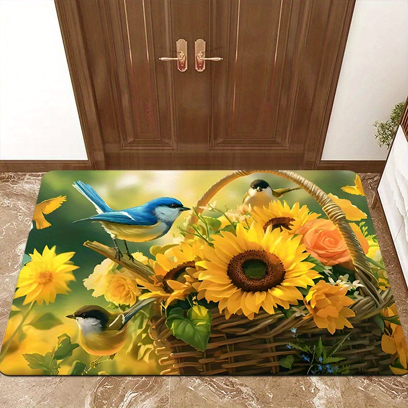 

1pc Sunflower Spring Theme Welcome Doormat, Bird Bamboo Basket Pattern Printed Rug, Polyester Non-slip And Stain Resistant For Indoor/outdoor - Bathrooms, Laundry Rooms, Kitchen Decor And Gifts!