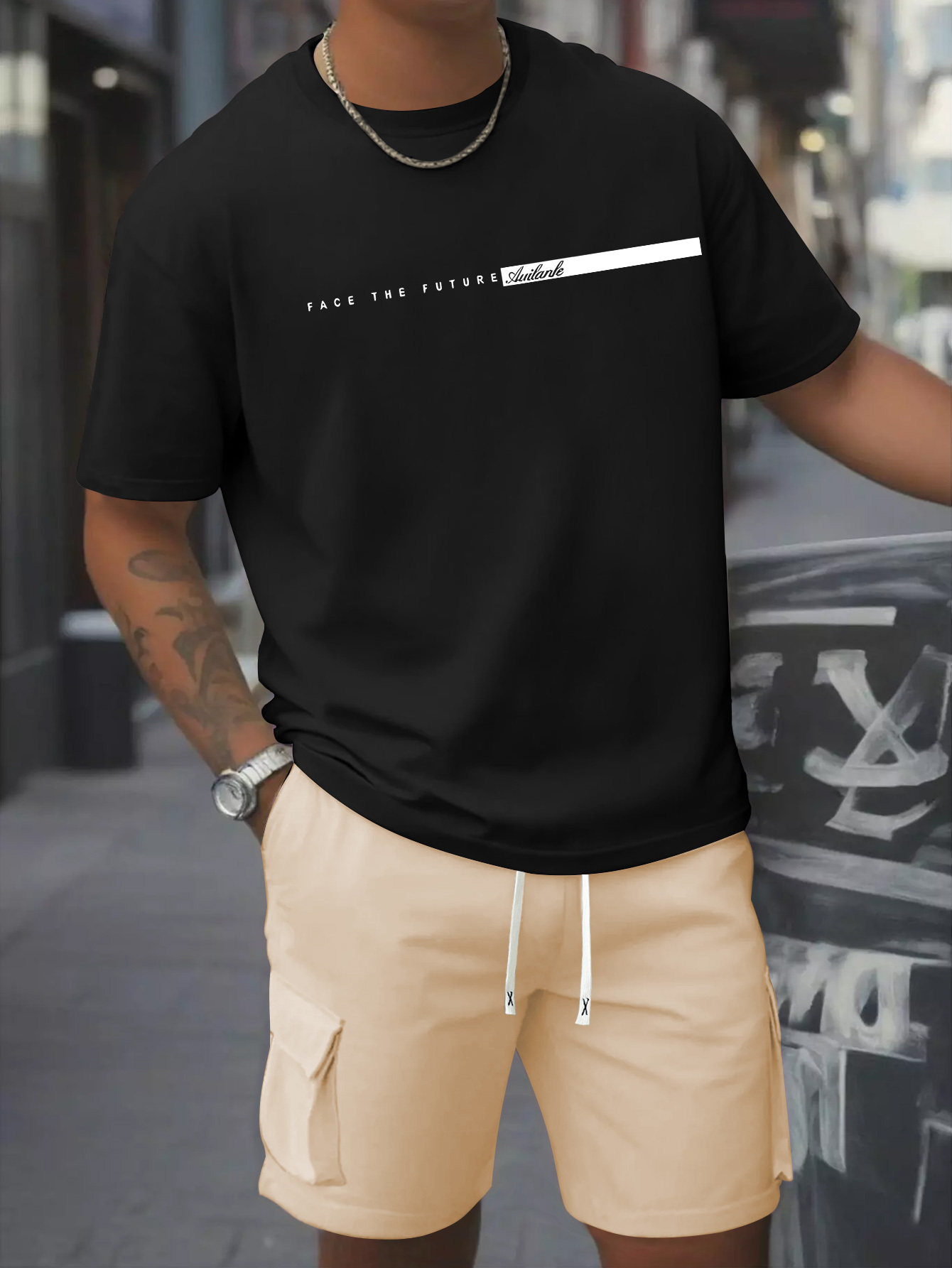 Print Men'S 2pcs Set, Round Neck Pure Cotton Short Sleeve T-shirt and Work Shorts Set, Suitable for Spring and Summer Exercises