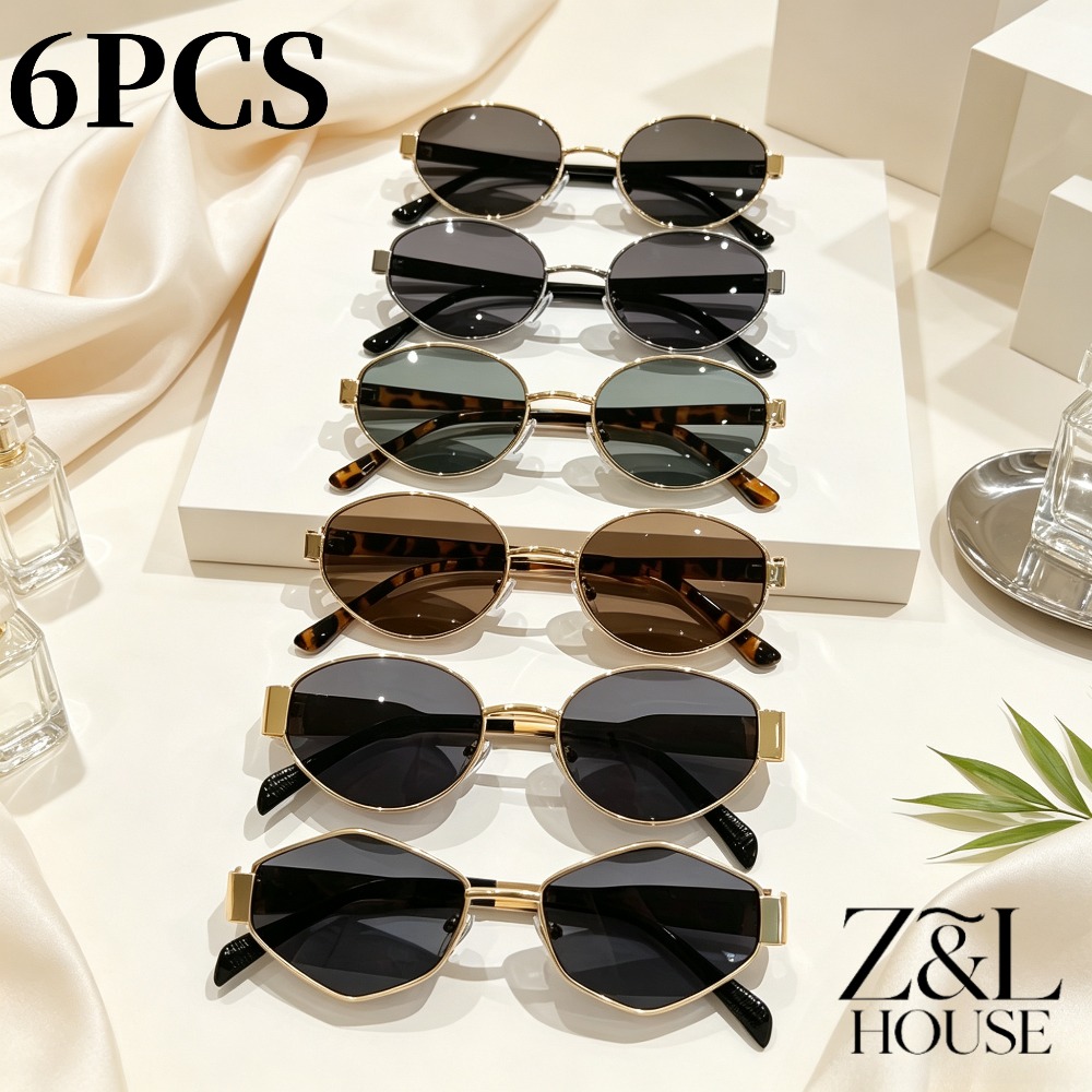 TEMU 6pcs Men And Women With Retro Metal Frame Oval Fashion Glasses, Retro Irregular Fashion Glasses, Fashionable Small Frame Street Fashion Glasses,