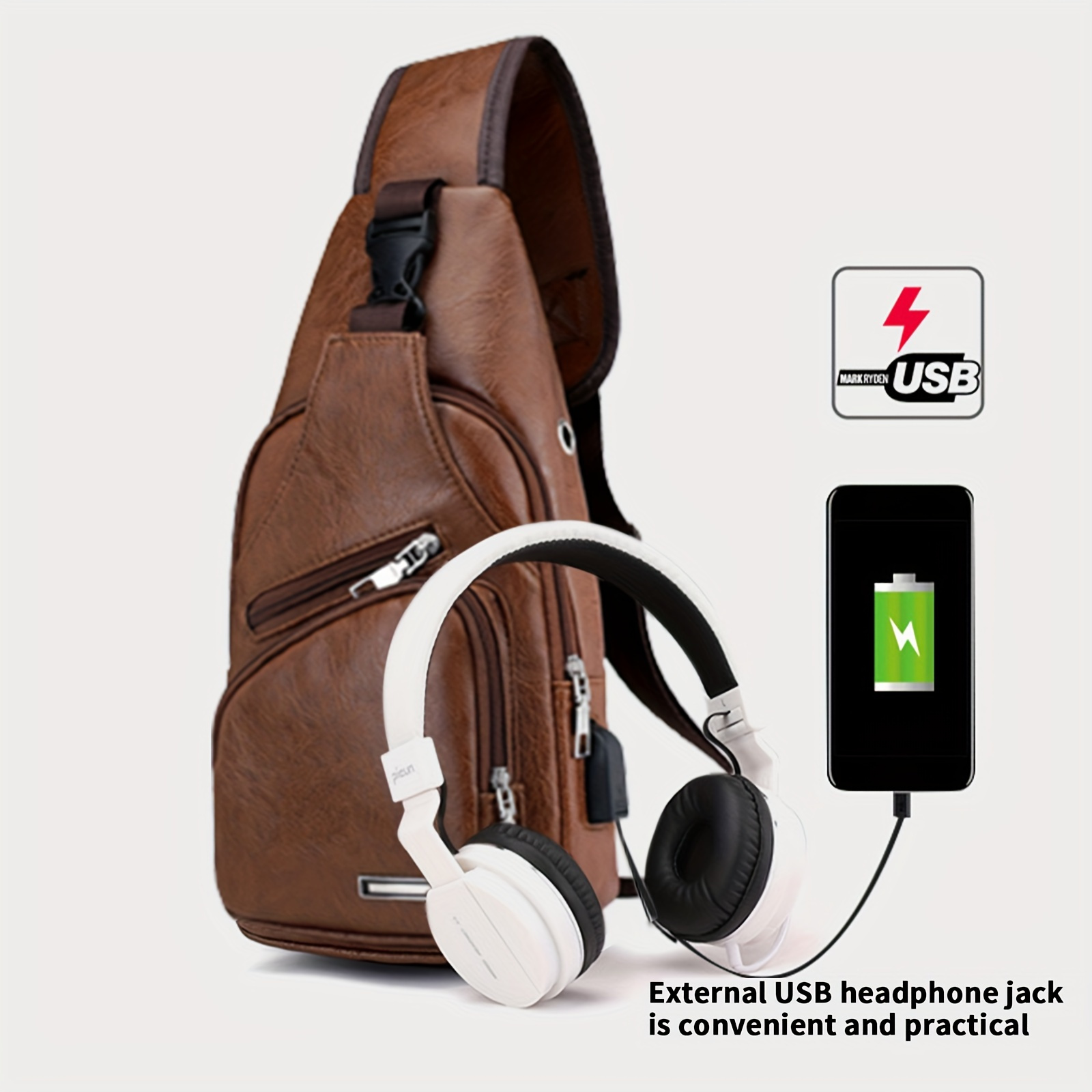 Outdoor Sport PU Chest Bag Crossbody Bag, Men's And Women's Crossbody Bag with Headphone Hole, Lightweight, Fade-resistant, Multi-layer Design, Adjustable Shoulder Strap, Zipper Closure, Polyester Lining, Suitable for Outdoor Travel, Hiking, Camping