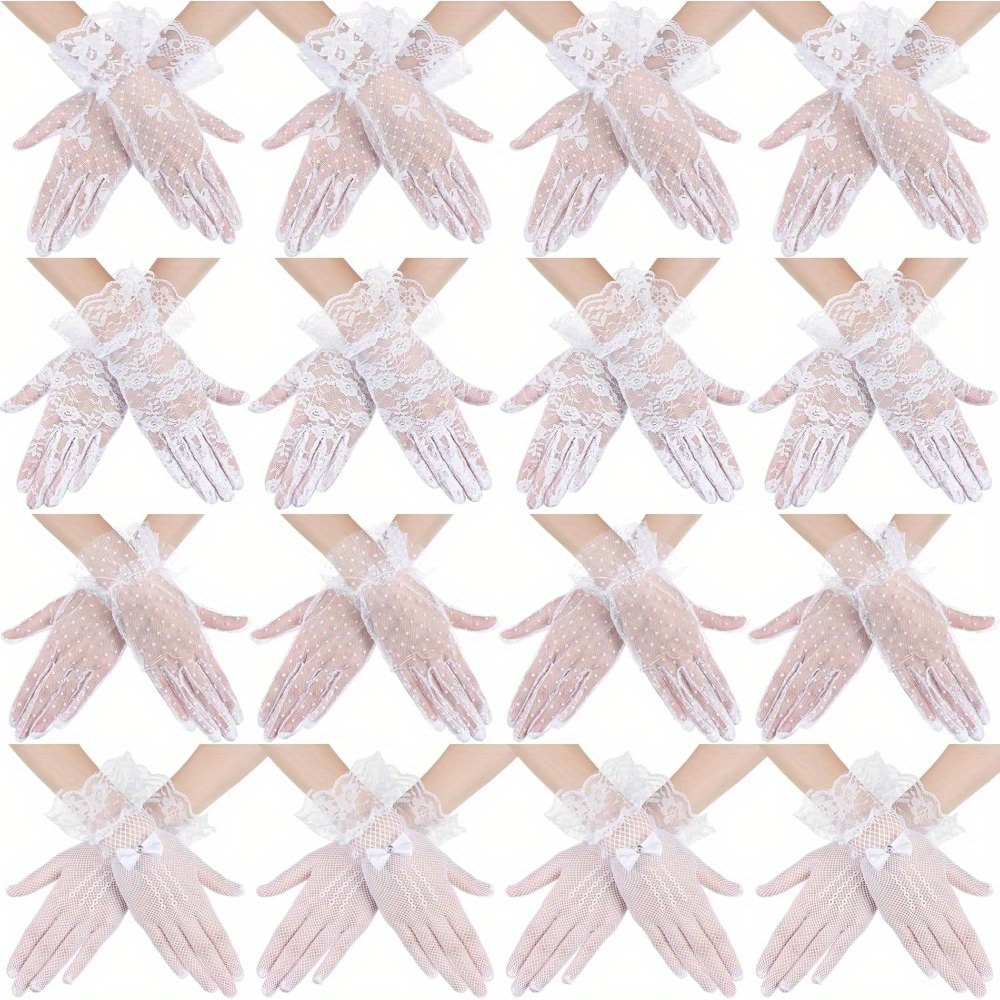 TEMU 16pcs Set Of Women's Summer Sun Gloves, Checkered Mesh, Bow, Creative Gloves, Retro Wedding Lace Gloves, Lace Etiquette Gloves
