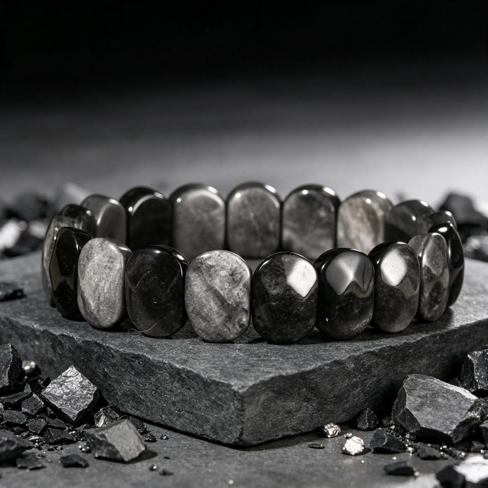 TEMU Lomuine Natural Obsidian Beaded Bracelet For - 11x15mm Cut Flat Stone Stretch Bangle, Natural Stone Jewelry Gift Suitable For Daily Wear,