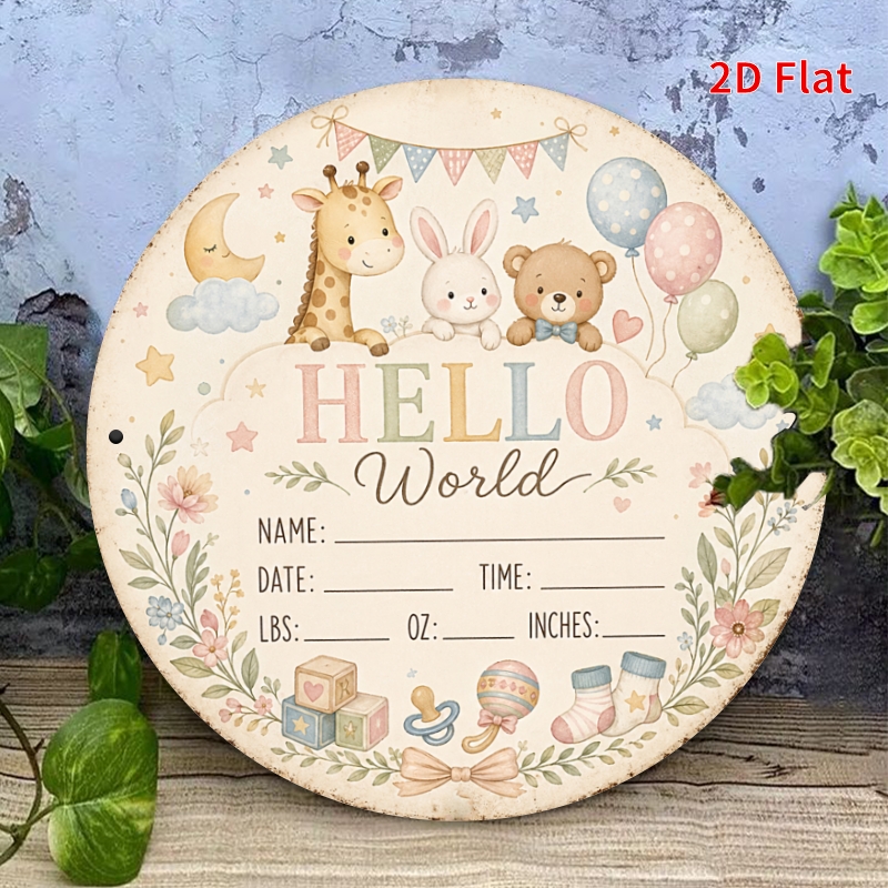 TEMU 2d Flat - Decorative Sign 2d Flat, 1pc 1pc Hello World Baby Birth Sign - Round For Nursery Wall Decor With Name And Date, Baby Shower Keepsake,