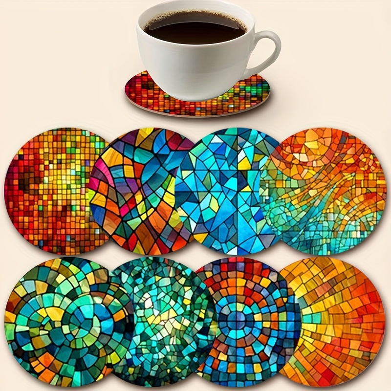 TEMU Set Of 8 Colorful Glass Mosaic Coasters - Vibrant Wooden Drink Mats With Painted Glass Balls, Featuring Non-slip And Absorbent , Suitable For