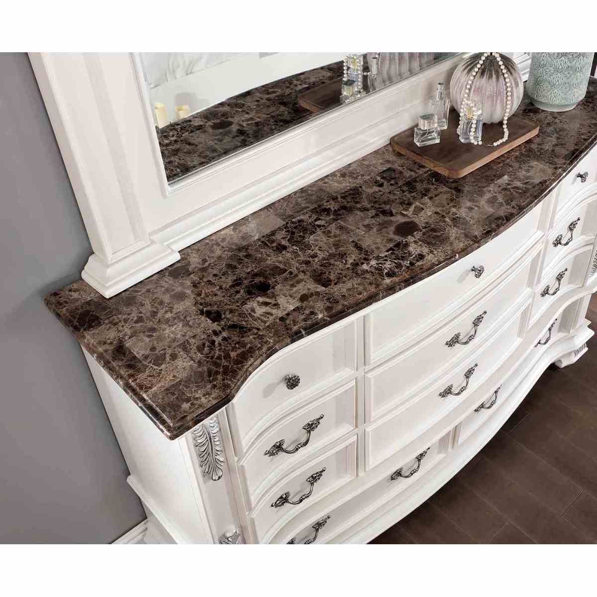 Luxury White 1pc Dresser Dovetail Drawers Genuine Marble Top Bronze Round Knob and Hanging Pulls BedroomEasy to Install Storage Unit Ready to Use Out of Box