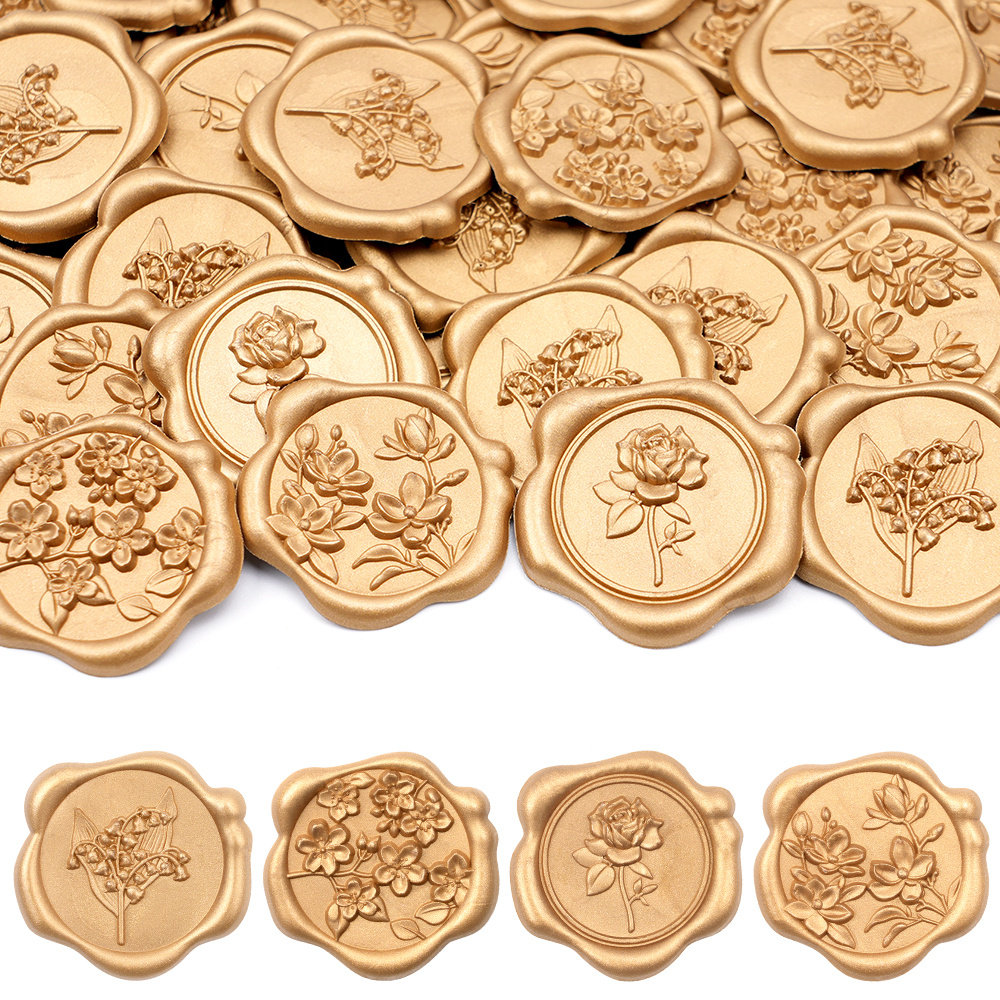 TEMU 40pcs Golden Floral Wax Seal Stickers, 4 Flower Patterns (rose, Lily Of The Valley, Magnolia) Self-adhesive Seals For Wedding Invitations, Gift