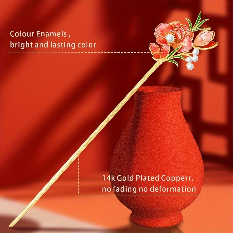 jewelry grade   floral hair stick dual purpose chinese hair clip chopsticks with red floral   everyday hairstyle elegant bridal or personal accessory gift for women Product details 4