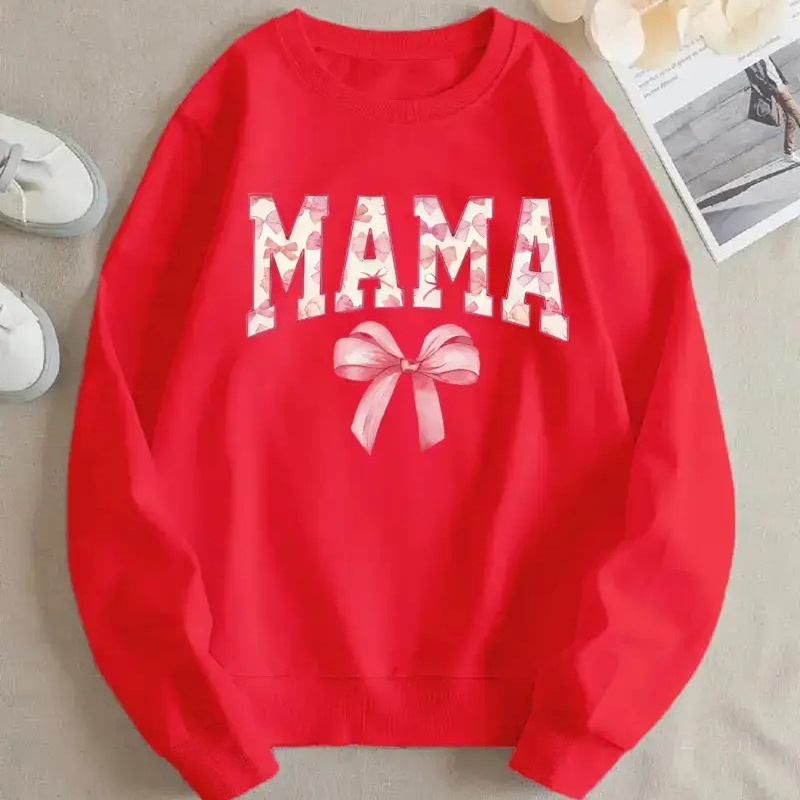 

Women's Casual Crew Neck Sweatshirt With "mama" Letter Print And - 100% Polyester Knit Pullover, Slight Stretch, Fashionable Top For Fall/winter, 250gsm Fabric Weight