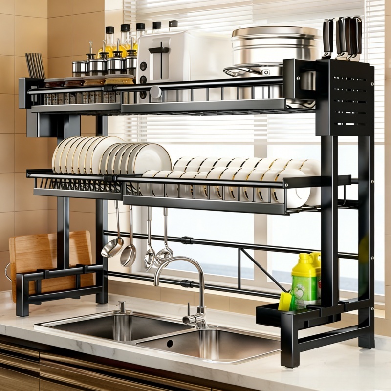 TEMU Expandable Over- The- Sink Dish Drying Rack- Adjustable 2 Tier Metal Large Dish Rack, Space Saving, With Utensil Holder, Plate Slots & Cutting