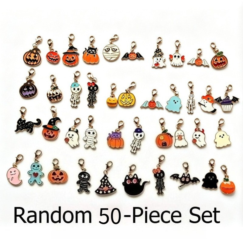 TEMU 32pcs Set Of Cartoon Halloween Charms/pendants - Ghost, Pumpkin, And Black Cat Designs - Accessories For Keychains And Bags; Supplies For