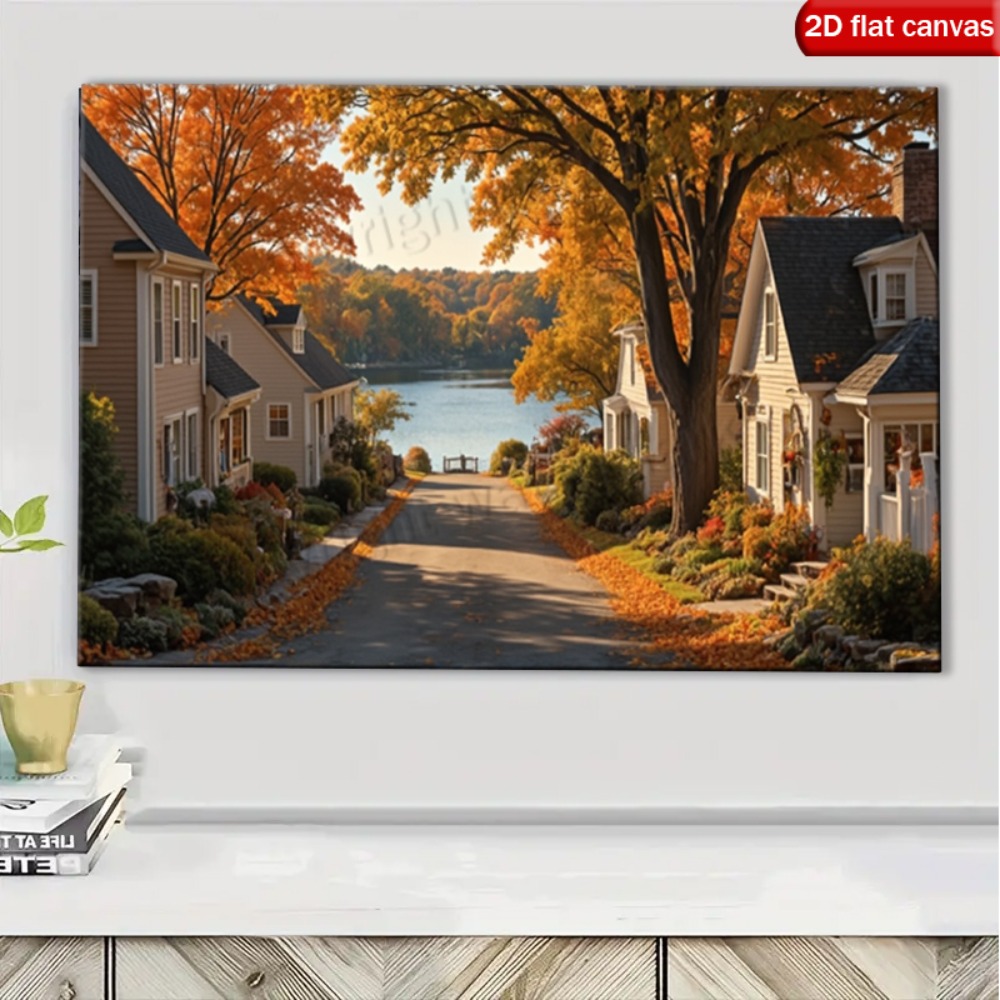 2d flat 2d flat 1pc autumn lakeside     canvas wall art warm     printed painting ready to hang wrapped wood frame home decor living room office decor cozy atmosphere landscape artwork 2d flat