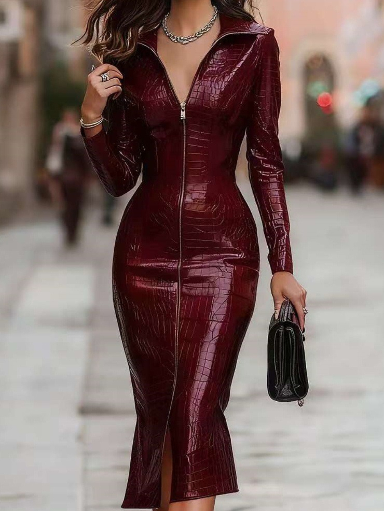 chinese dress ladies Faux Leather Belted Dress Red / M main image 1