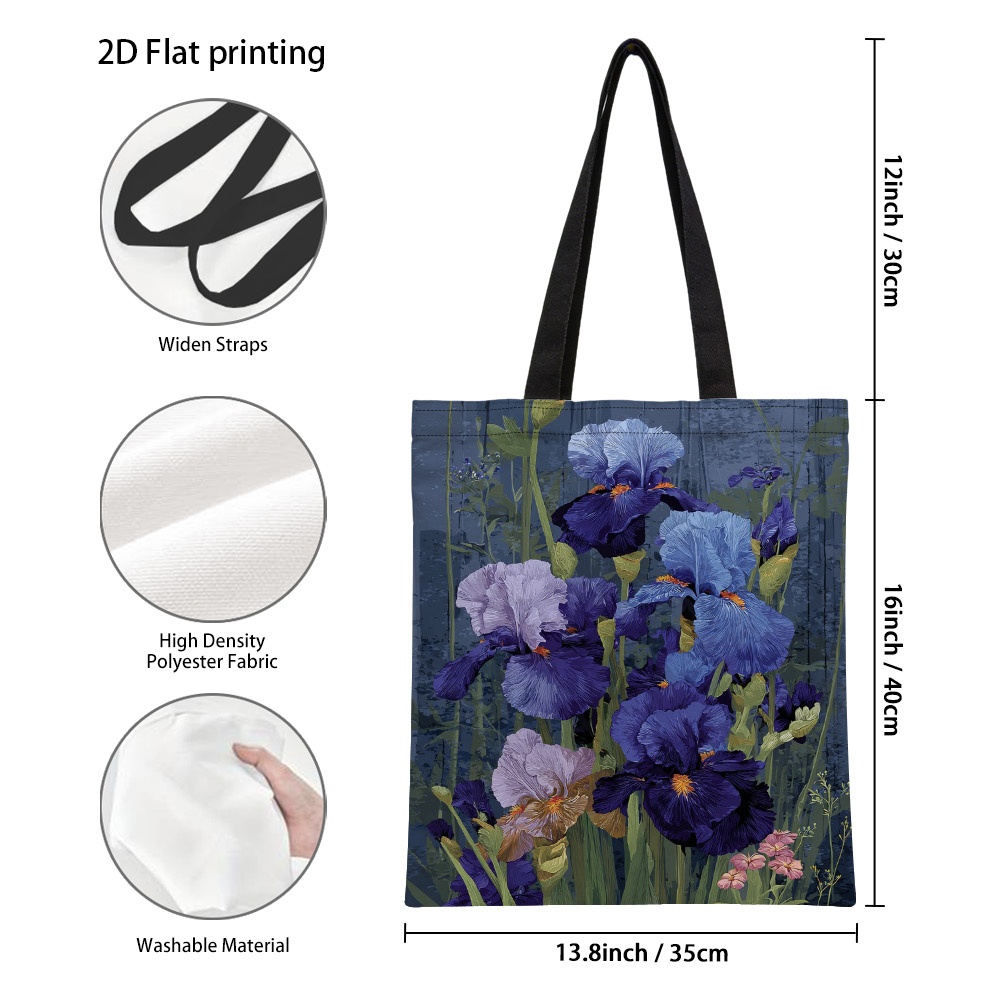 TEMU 1pc Fashion Blooming Purple Irises Printed Polyester Tote Bag - Reusable Grocery Bags With Spacious Rectangular Design, Daily Commute, Work &