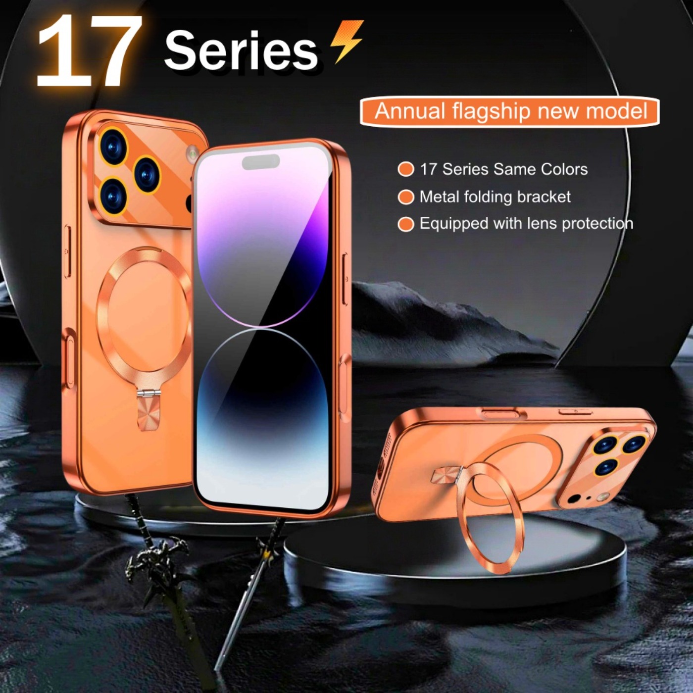 17 series original phone orange colors design luxury magnetic stand phone case sutible for iphone 17 air 17 pro   15 14 13 12 pro max high quality dust and   case scratch resistant surface that offers   protection after Product details 1