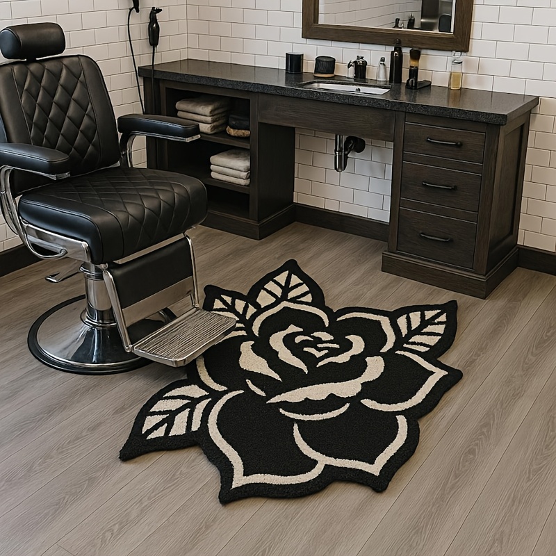 TEMU Velvet 900g + 9mm Gothic Style Living Room Rug, Black Rose Bedroom Decorative Bedside Carpet, Irregular Shape Lounge Non-slip Rug, Creative And