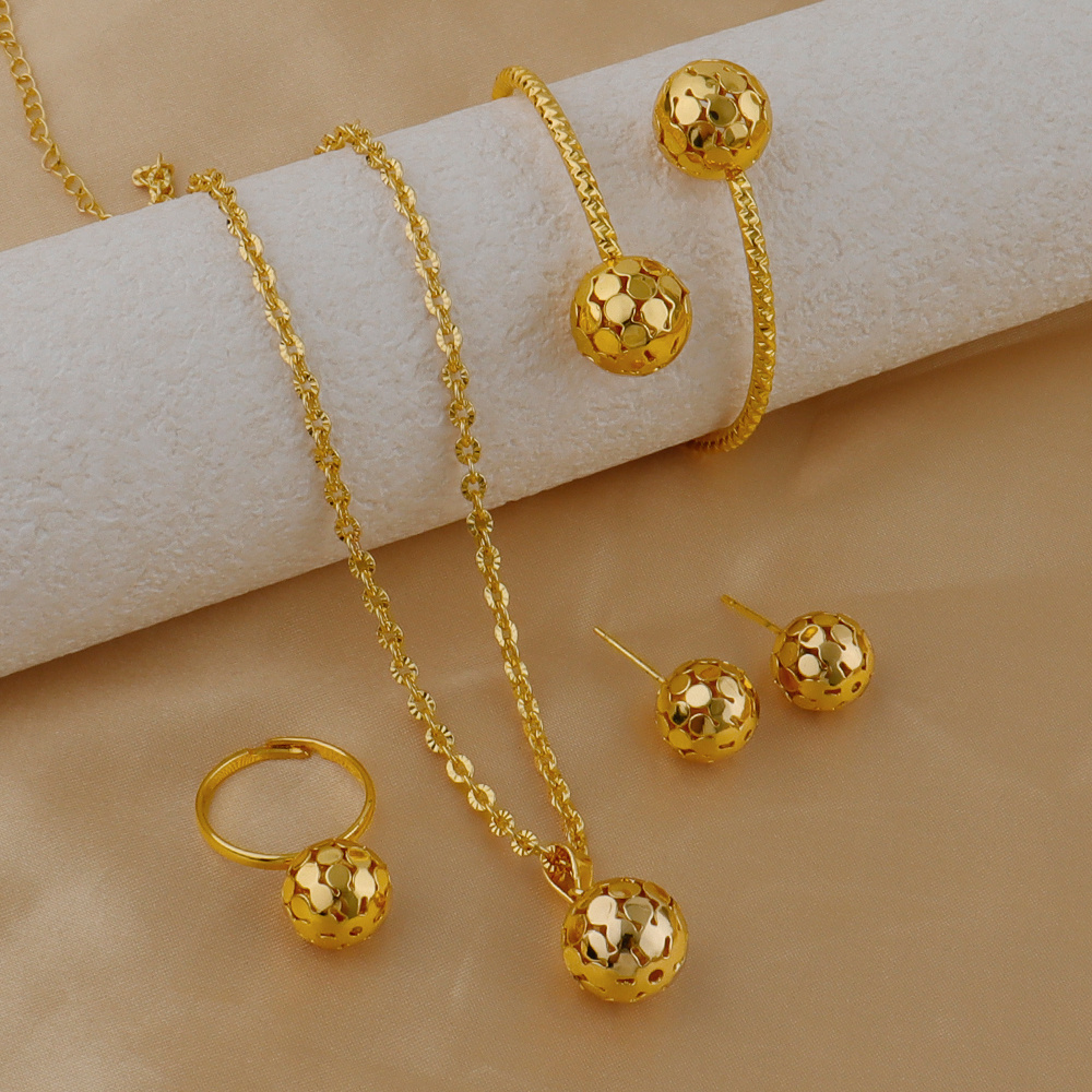 TEMU Middle Eastern Dubai Style, 14k Golden Plated Jewelry Set, 5pcs (women's Round Hollow Open Bangle 1pc, Ring 1pc, Pendant Necklace 1pc, Earrings