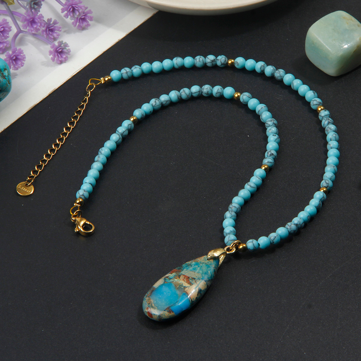 TEMU Vintage Turquoise Teardrop Pendant Beaded Necklace, 4mm Turquoise Round Bead Choker, Ethnic Style Niche Design Light Luxury Neck Accessory,