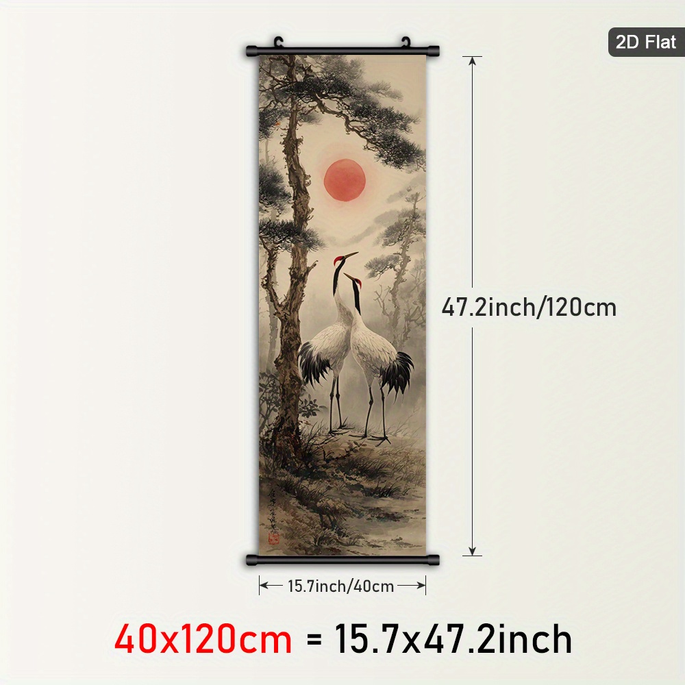 TEMU 1pc Framed Sunrise Hanging Scroll Wall Art - Asian-inspired Crane & Forest Landscape Canvas Print, Vintage Plastic Frame With Hanger, Zen Decor