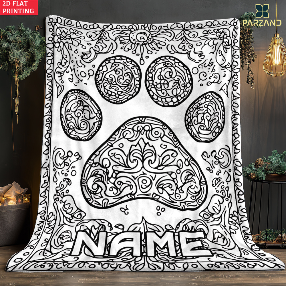 TEMU 2d Flat 1pc Flower Dog Paw Coloring Pattern Custom Name Print Portable Blanket - Lightweight Throw For Sofa, Travel, Camping, Bed, Living Room,