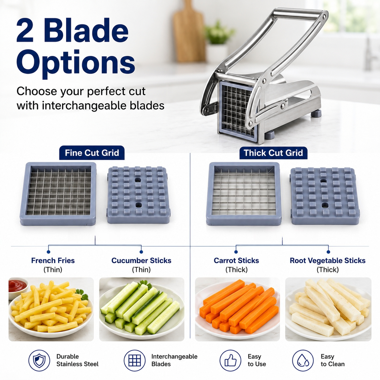 Peejaa Hand-operated French Fry Cutter Set - Stainless Steel Potato Slicer, Double Blade Vegetable Slicer, Non-slip Kitchen Tool, Homemade French Fry