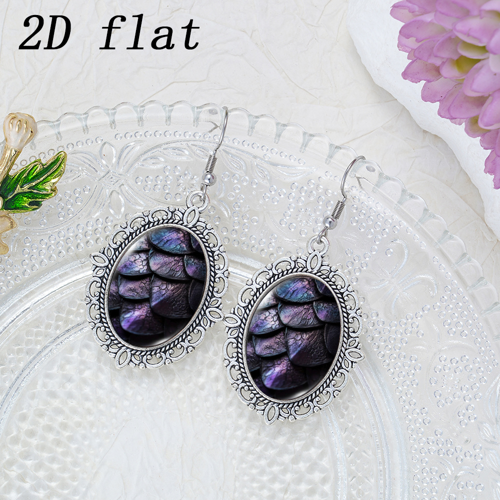 Iridescent Purple Dragon Scale Pattern Glass Earrings, 2D Flat Design