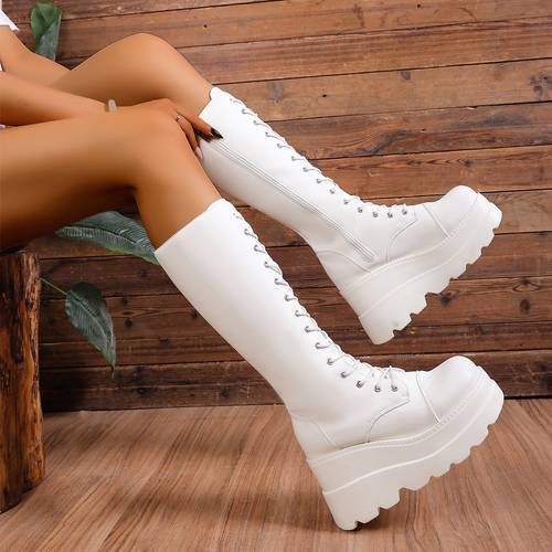 9 sizes womens calf boots with side zipper thick platform wedge lace up over the knee boots new 2025 womens a gift for ladies suitable for music festivals and vacation travel scenes fashionable and cute travel gift
