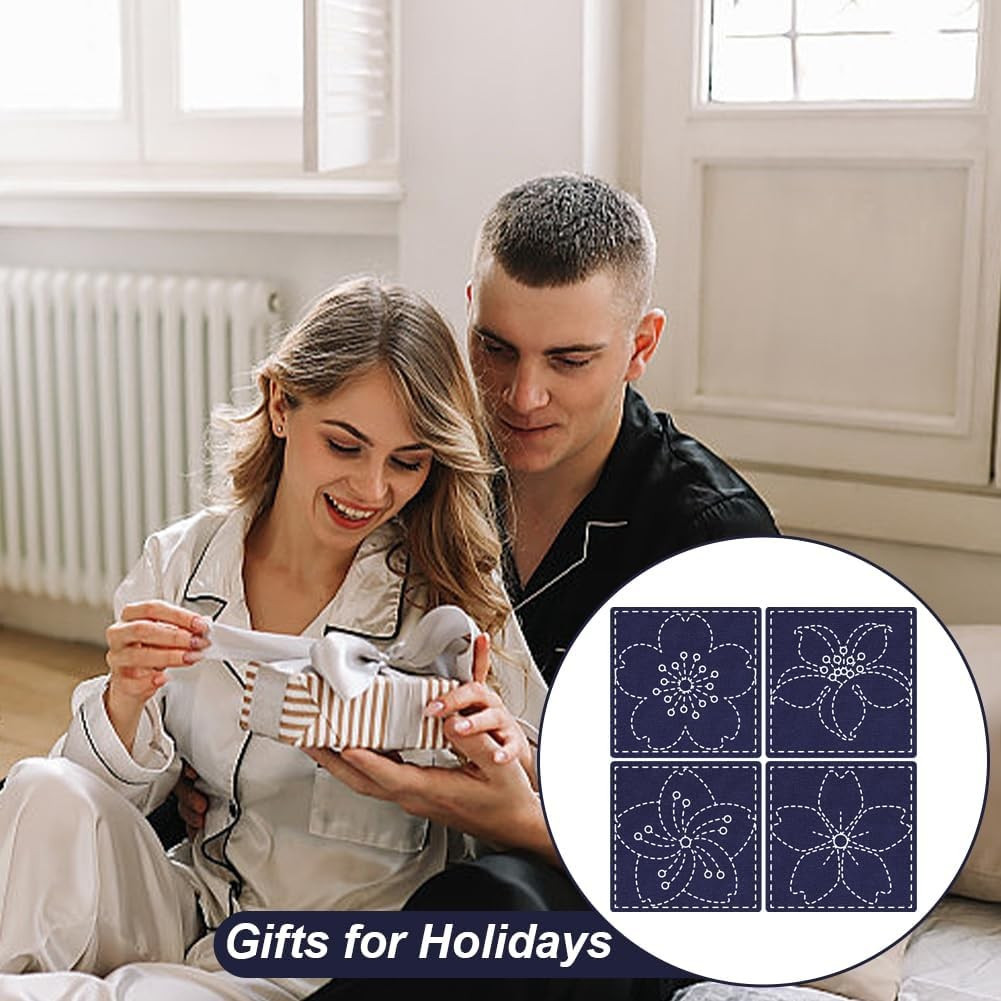 4 Sets Sashiko Coasters Kit with Instructions