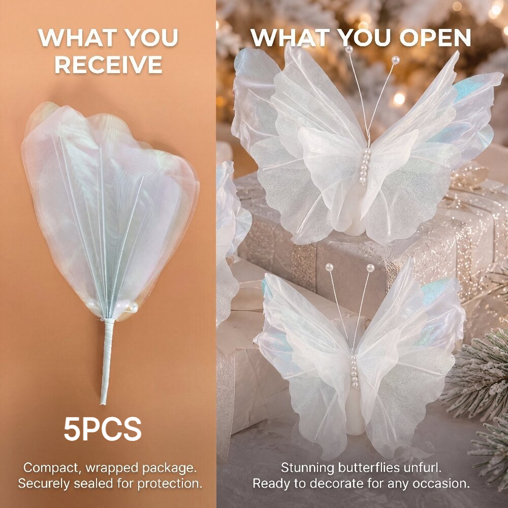 TEMU 5-pack Large Hanging Pearl Butterflies With Pearlescent White Gauze Wings And Plastic Frame - Translucent Material Suitable For Christmas Trees,