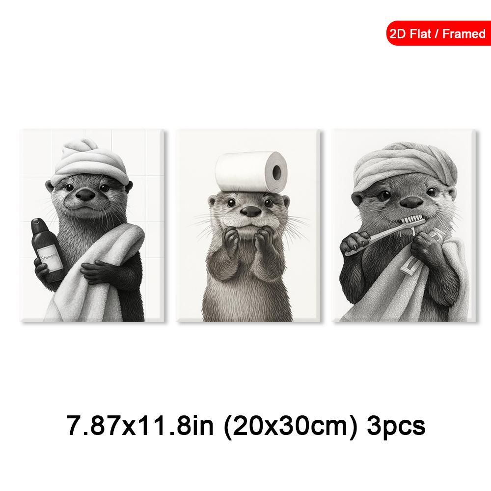 TEMU 2d Flat, 3pcs Framed Funny Bathroom Canvas Paintings, Animal Behavior Art Prints, Wall Arts, Daily Routine Print Posters, Modern Wall Decor,