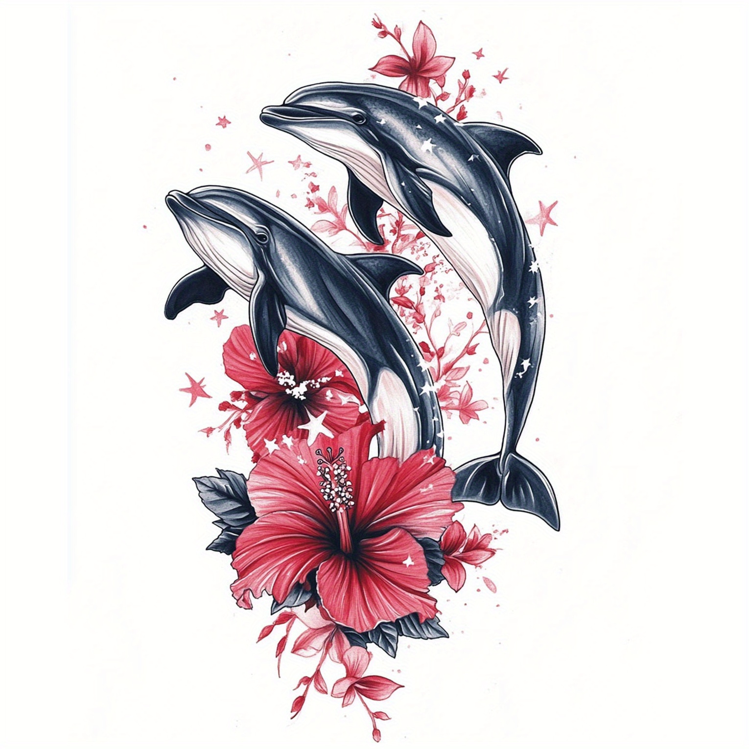 2 Sheets Dolphin & Hibiscus Flower Temporary Tattoos - Realistic 3d Body Art Stickers For , High Quality Fake Tattoos For Parties, Beach, Pool, Festivals - Neck, Arm, Chest Decor