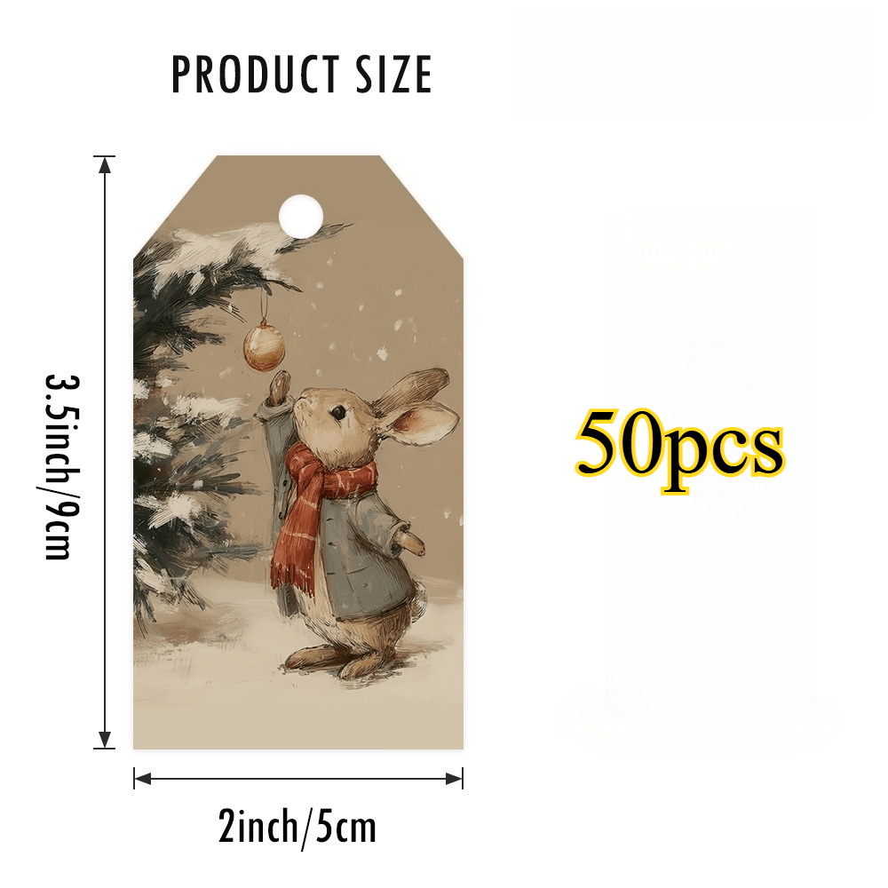 TEMU 50pcs Pack Christmas Gift Tags Suitable For Wrapping Paper Labels - Rabbit & Tree Decorations With Warm Watercolor "merry Christmas" Phrases,
