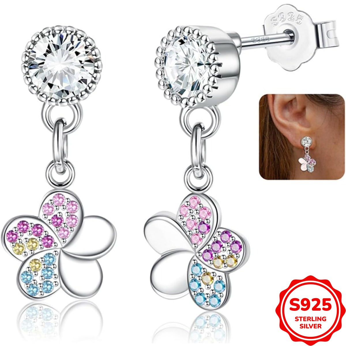Image of 1pair 925 Sterling Silver Dangle Stud Earrings For Women Cute Flower Drop Earrings Hypoallergenic Colorful Cubic Synthetic Zirconia Dangle Earrings Jewellery Gift