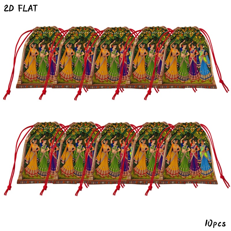 TEMU Lot de 10 sacs cadeaux à cordon, sachets à bonbons avec imprimé vibrant de femmes dansantes traditionnelles indiennes, motif floral d' , légers