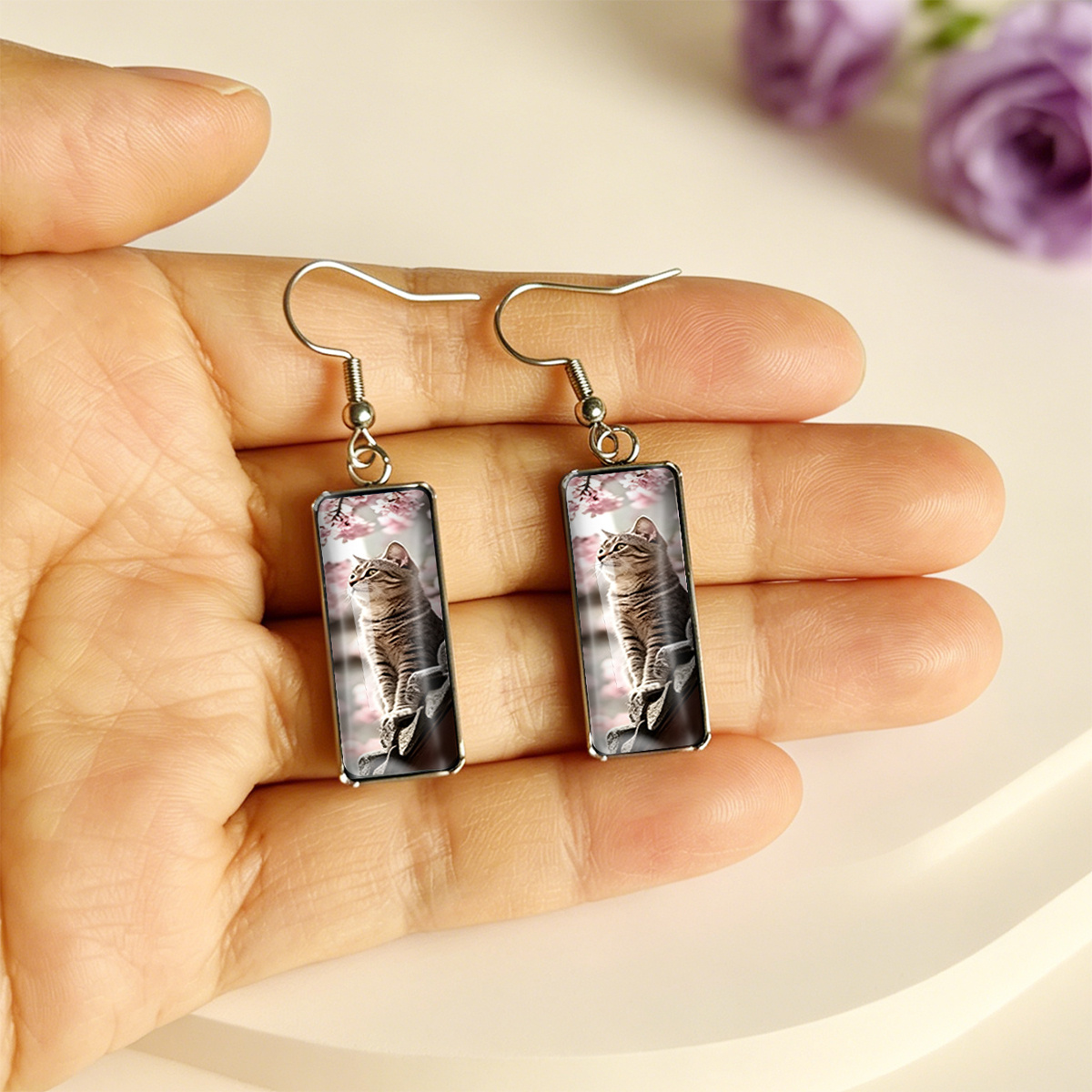 Pink Floral Background Cat Pattern Rectangular Earrings