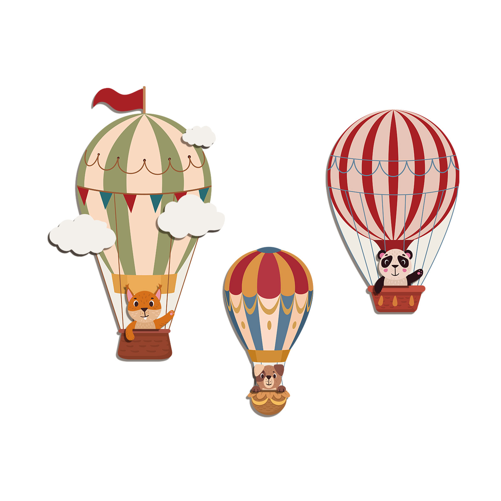 E-shop 2D-Flach, 3-teiliges Set Waldtier-Heißluftballon-Ornamente, inklusive Fuchs Panda, lustige Dekoration, Paradies-Szenen-Ornamente, geeignet für