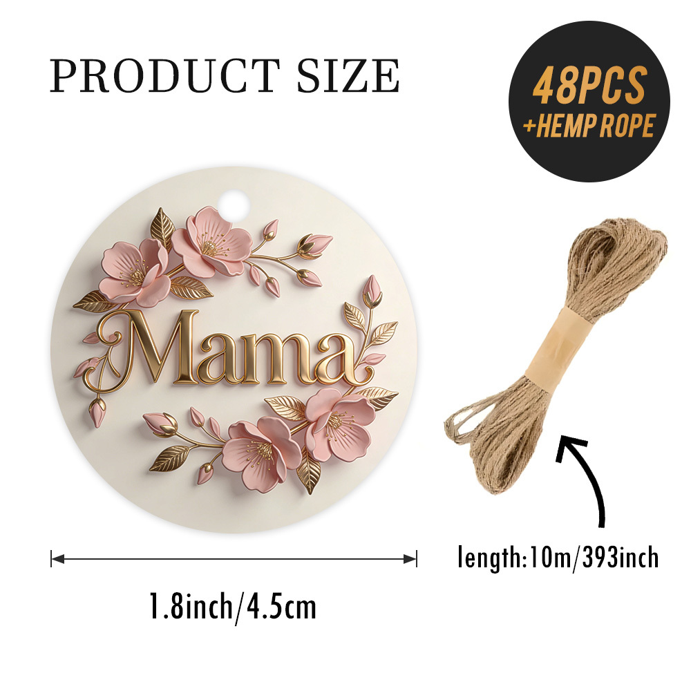 E-shop 48 Stk. runde Geschenkanhänger zum Muttertag mit Schnur, rosa Blumen- goldenes Schriftzug-Design, ideal für Geschenkverpackungen, Grußkarten,