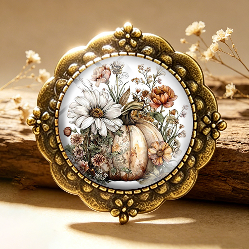 TEMU 1 pièce Broche vintage aquarelle citrouille et marguerite - Accessoire de col rond en verre avec fleur, convient pour vêtements, sacs à dos, S,