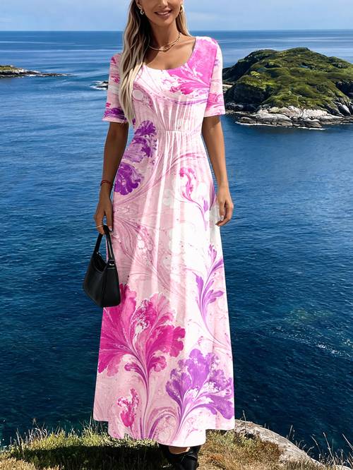 1pc powder purple gradient floral womens long dress summer atmosphere long skirt soft friendly drape holiday relaxation travel outfit good
